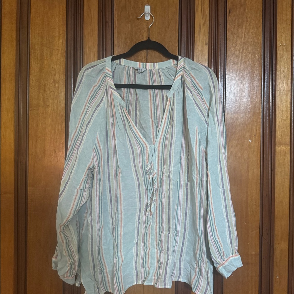 Rails Brielle Stripe Tie Front Linen Blend Blouse.